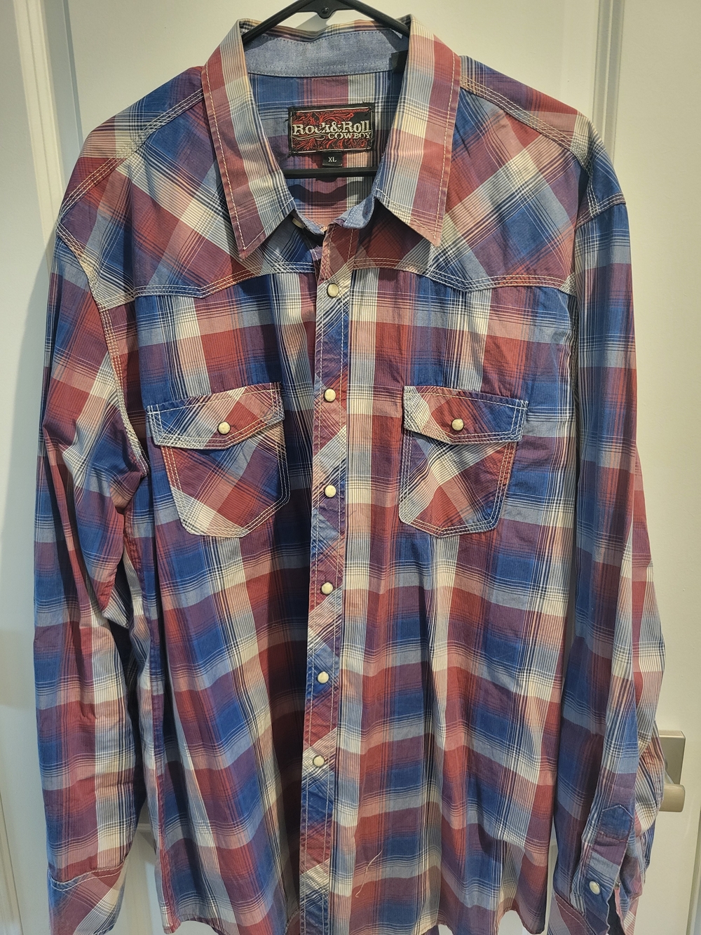 Rock & Roll Cowboy Men's Blue and Red Plaid Western Snap Shirt
